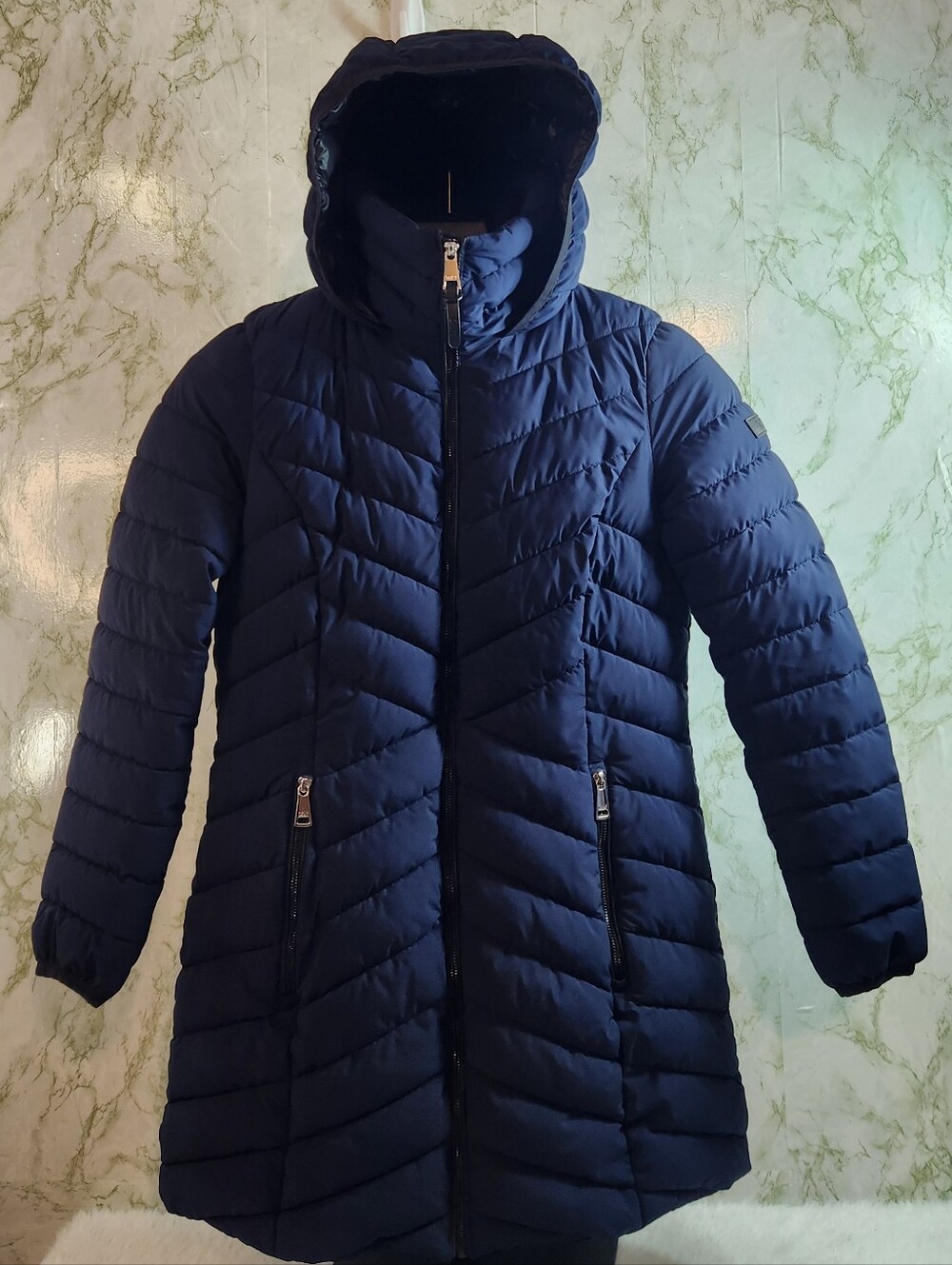 DKNY Packable Navy Hooded Puffer Coat